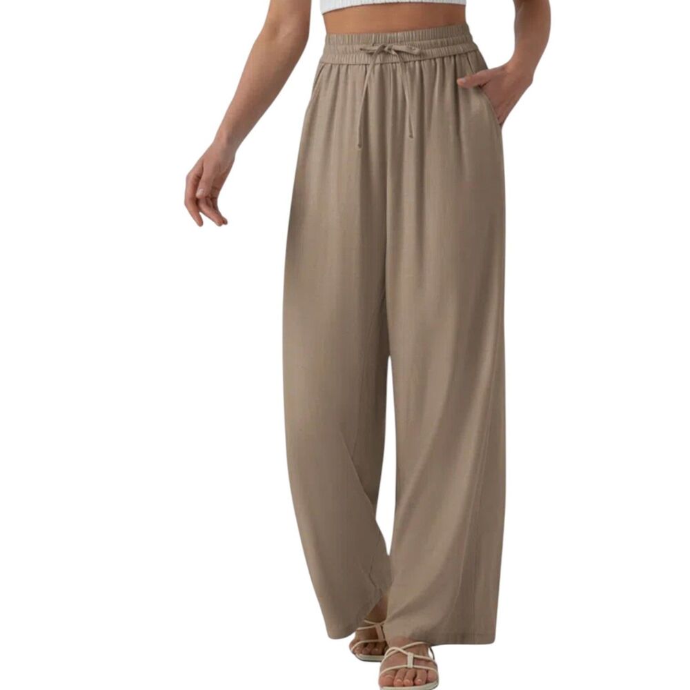 Halara High Waist Wide Leg Pants Pull On Drawstring Burro Khaki Tan XS